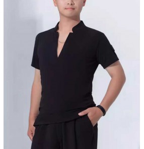 Men's black color ballroom latin dance shirts for men side slit short sleeves competition waltz tango flamenco dancing tops for man